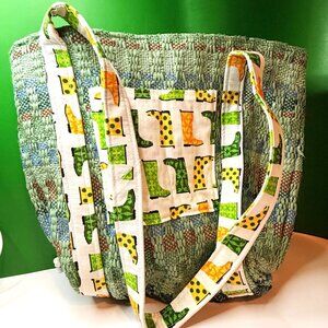 Handwoven Recycled Plastic Market Tote Bag Rain Boot Print Lining Long Straps
